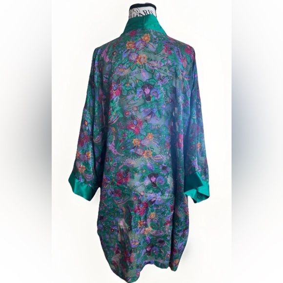 Vintage 90s Victoria's Secret Gold Label Green Floral Satin Sheer Kimono Robe OS - Picture 4 of 6